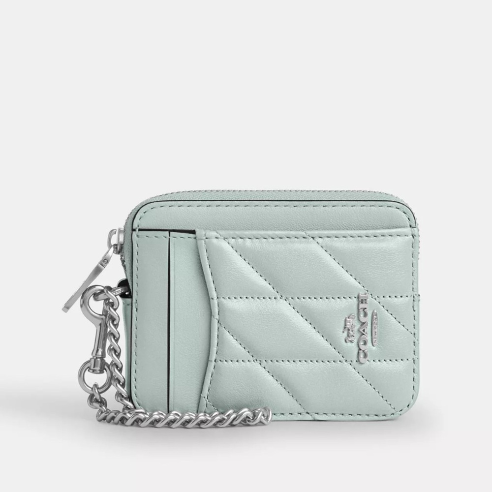 NWT - Coach Zip Card Case With Quilting - leather/Silver/Green